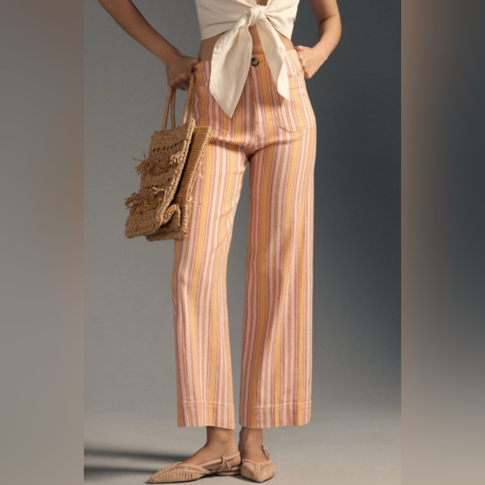 Anthropologie Maeve The Colette Linen Edition Cropped Striped Pants 10 / 30